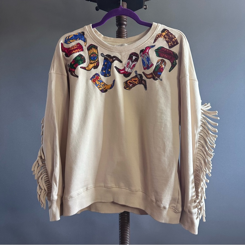J.O.A. Cream Fringe Sweatshirt with Multicolor Boot Applique